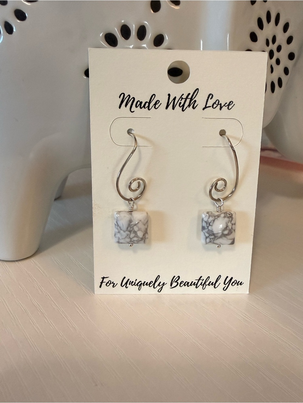 White Howlite Square Drop 925 Sterling SilverEarrings